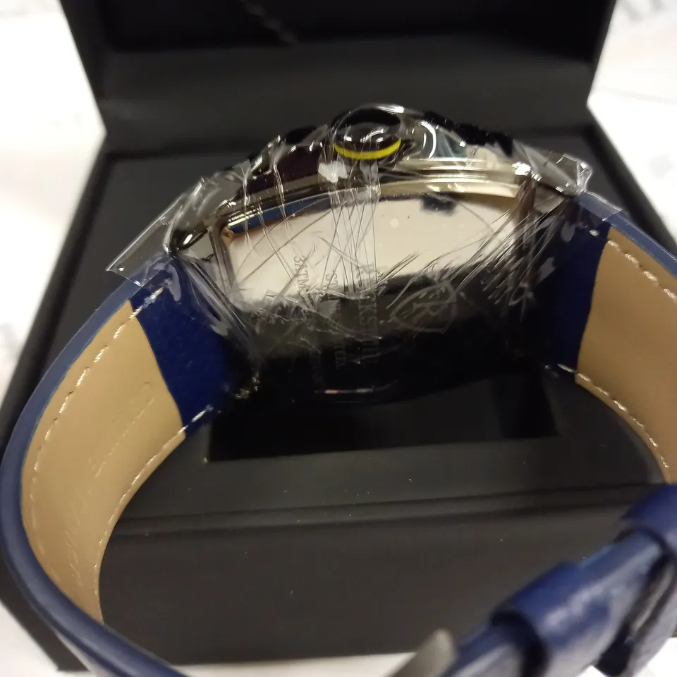 MENS RUCKSTUHL R300 CHRONOGRAPH WATCH- BLUE MULTIFUNCTIONAL DIAL- BLACK CASE- GENUINE LEATHER STRAP- WATER RESISTANT