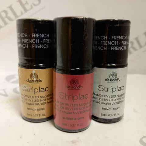 BOX OF APPROX 50 X 8ML ASSORTED ALESSANDRO STRIPLAC PEEL-OFF UV LED NAIL POLISH 
