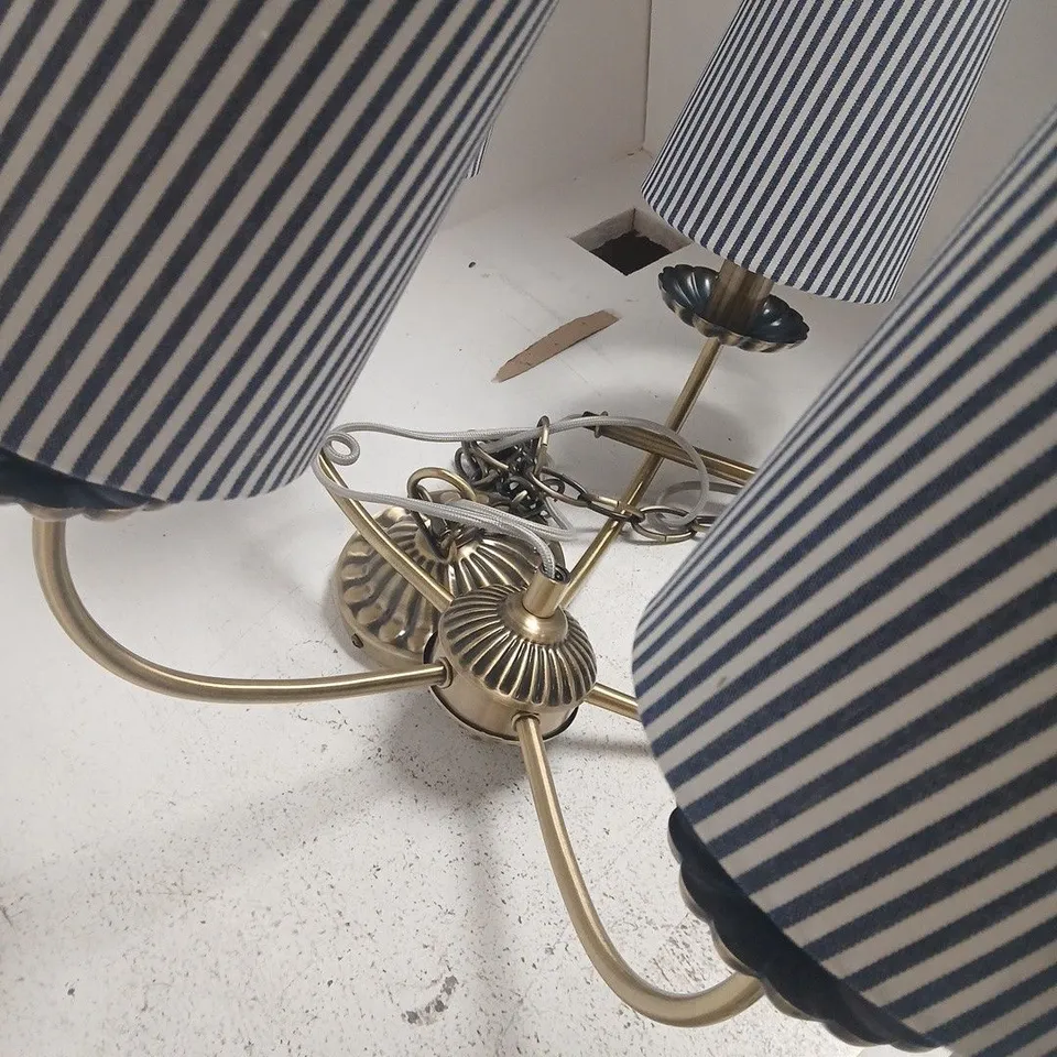 BRASS 5-LIGHT CEILING CHANDELIER WITH NAVY & WHITE STRIPED FABRIC SHADES