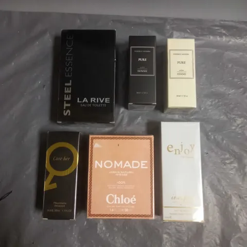 BOX OF APPROX 6 ASSORTED SEALED BOXED FRAGRANCES TO INCLUDE - CHLOE NOMADE EAU DE PARFUM - INSIGNIA ENJOY PARFUM - STEEL ESSENCE LA RIVE EAU DE TOILETTE - ETC