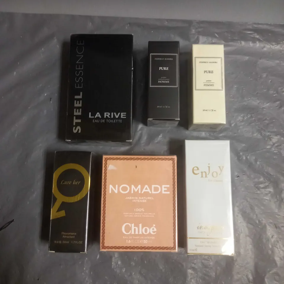 BOX OF APPROX 6 ASSORTED SEALED BOXED FRAGRANCES TO INCLUDE - CHLOE NOMADE EAU DE PARFUM - INSIGNIA ENJOY PARFUM - STEEL ESSENCE LA RIVE EAU DE TOILETTE - ETC