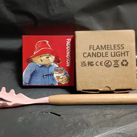 APPROXIMATELY 10 ASSORTED HOUSEHOLD ITEMS TO INCLUDE FLAMELESS CANDLE LIGHT, PADDINGTON BEAR COASTERS, ETC