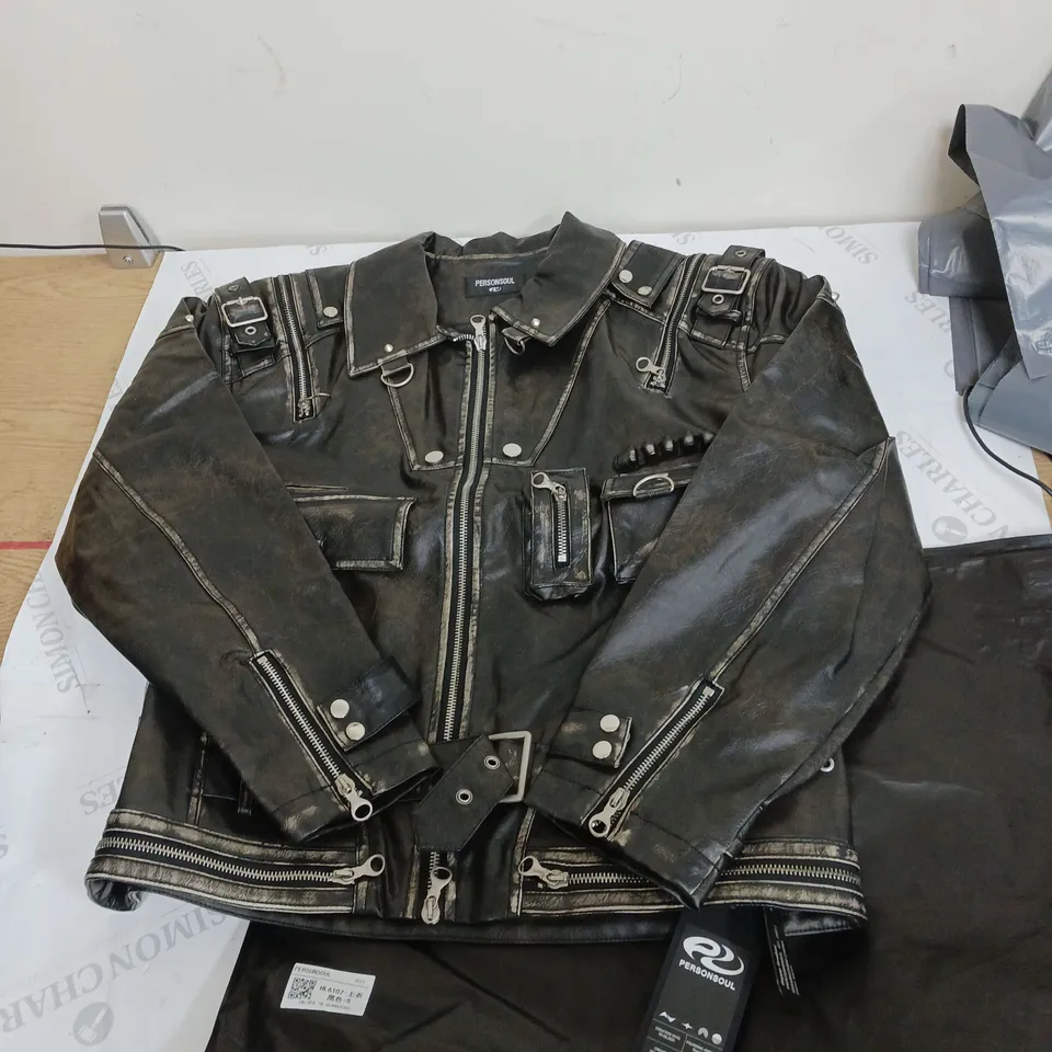 PERSONSOUL DISTRESSED LEATHER HAPPY BROTHER BOMBER JACKET BLACK