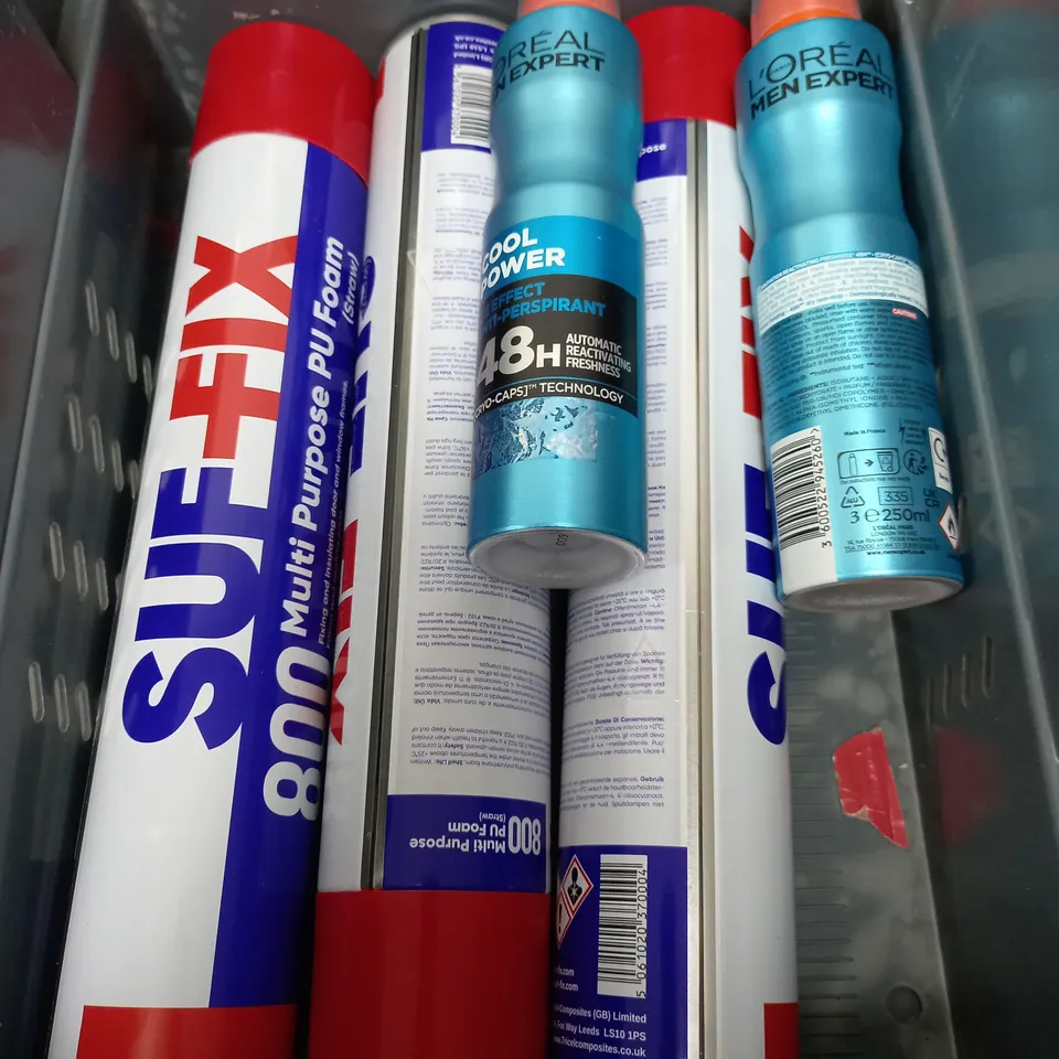 BOX OF APPROXIMATELY 10 ASSORTED AEROSOLS TO INCLUDE - GIVE ME DRY SHAMPOO - LOREAL ANTI PERSPIRANT - NISH MAN SHEEN SPRAY - ETC - COLLECTION ONLY