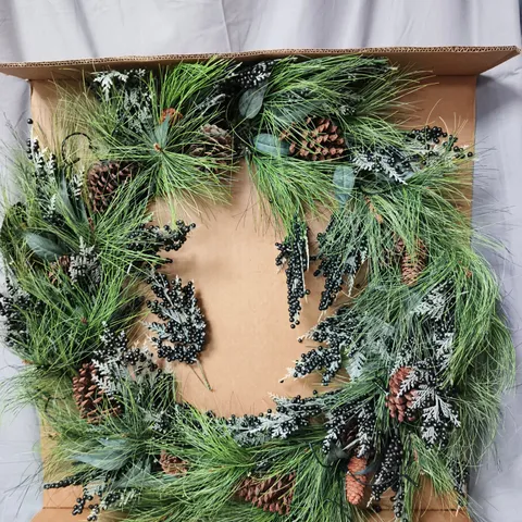 BOXED PRE LIT CHRISTMAS WREATH WITH GREEN BERRIES AND PINECONES - 90 CM