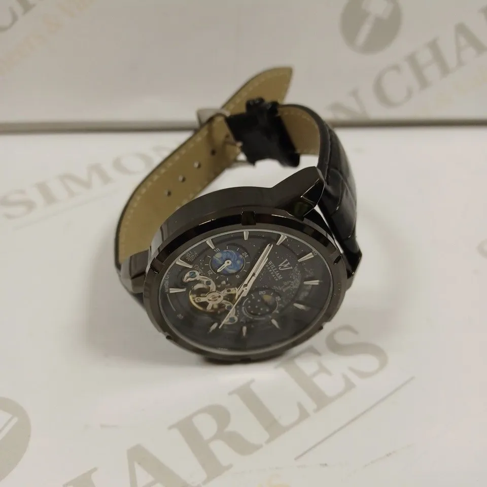 MENS WILLIAM JOURDAIN AUTOMATIC 2580 WATCH – OPEN HEART MOVEMENT WITH SUB DIALS – GLASS EXHIBITION BACK CASE – BLACK GENUINE LEATHER STRAP