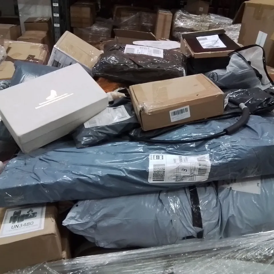 PALLET CONTAINING VARIOUS ASSORTED ITEMS TO INCLUDE, LITHIUM-ION BATTERIES, KITCHEN ORGANISER, HIGH HEEL SHOES AND LOTS MORE UNMARKED BOXED ITEMS 