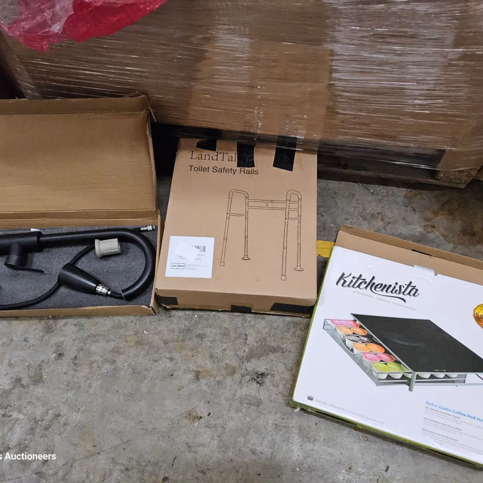 PALLET OF ASSORTED ITEMS TO INCLUDE, CEILING FAN, TOILET SAFETY RAILS, DOICE GUSTO COFFEE POT HOLDER, KITCHEN TAP, METAL TOWEL RACK.