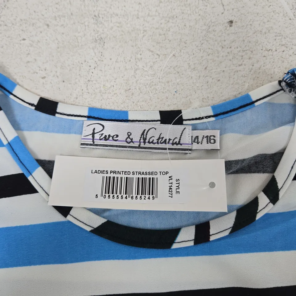 PURE & NATURAL LADIES PRINTED TOP – BLUE STRIPE WITH FLORAL DESIGN SIZE 14/16