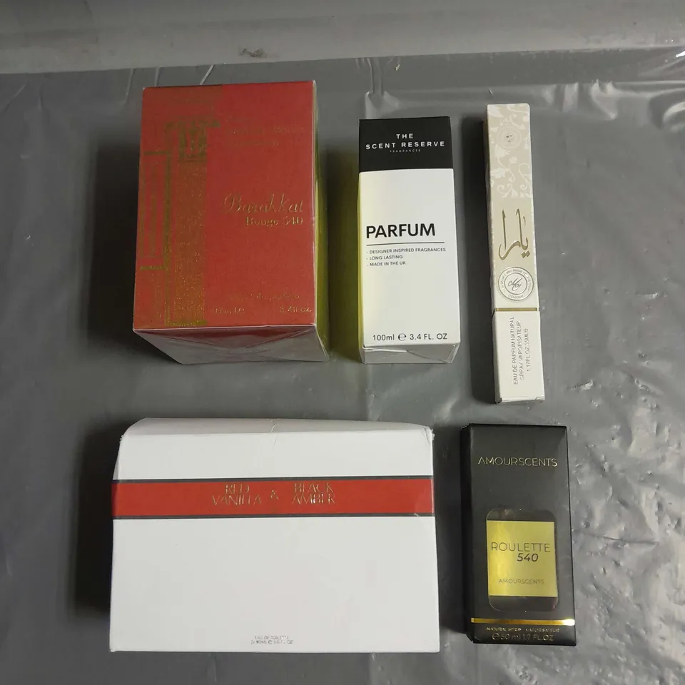 BOX OF APPROXIMATELY 5 ASSORTED BOXED FRAGRANCES TO INCLUDE - ZARA RED VANILLA & BLACK AMBER - AMOURSCENTS ROULETTE 540 - THE SCENT RESERVE PARFUM - ETC