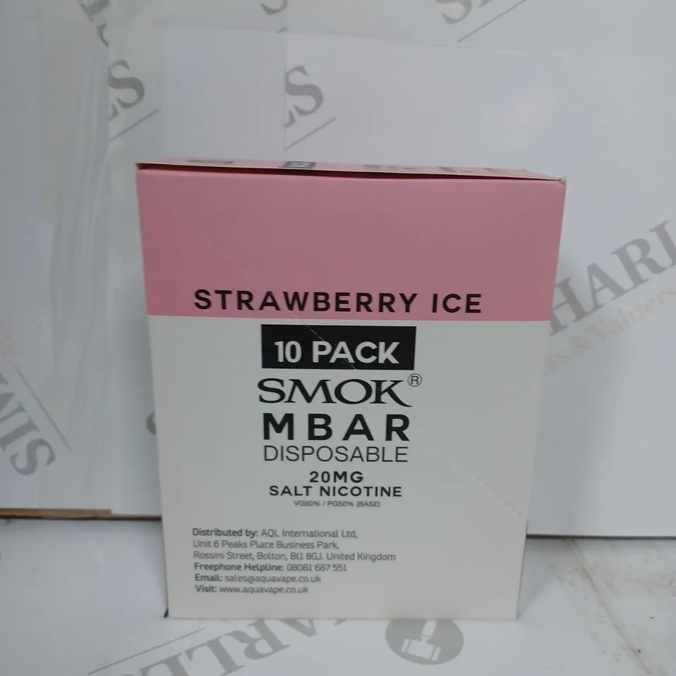 BOX OF APPROXIMATELY 10 BOXES OF STRAWBERRY ICE 10 PACK SMOK M BAR DISPOSABLE 20MG SALT NICOTINE