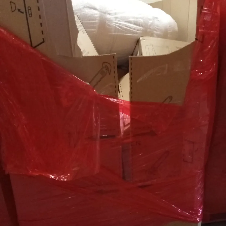 PALLET OF ASSORTED HOUSEHOLD GOODS AND PRODUCTS TO INCLUDE; SHREDDED MACHINE, MATTRESS TOPPER, RETRACTABLE SAFETY GATE