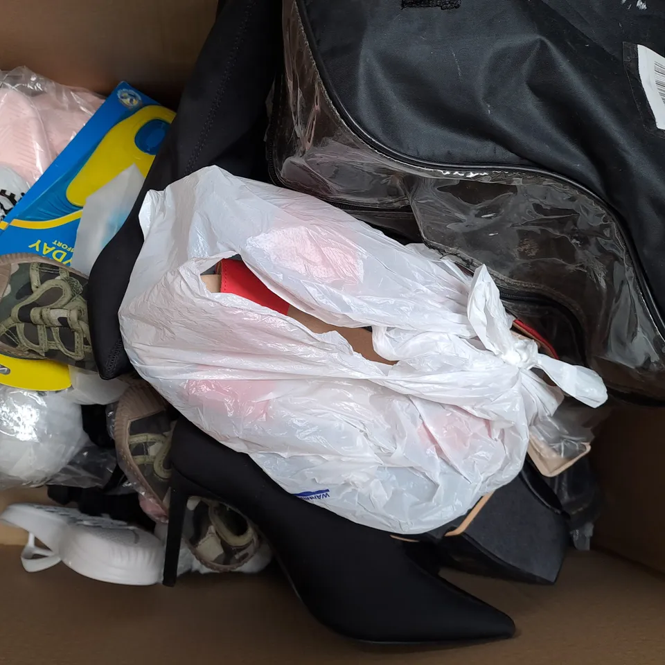 BOX OF APPROXIMATELY 15 ASSORTED PAIRS OF SHOES AND FOOTWEAR ITEMS IN VARIOUS STYLES AND SIZES TO INCLUDE ASOS DESIGN, FITFLOP, ETC