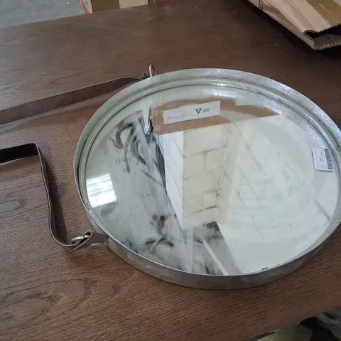 MARSTON WALL HANGING MIRROR WITH SILVER FRAME & LEATHER STRAP 40CM
