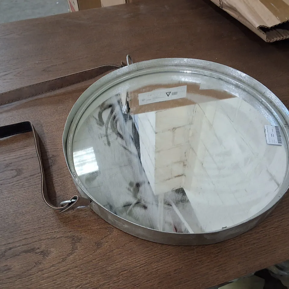 MARSTON WALL HANGING MIRROR WITH SILVER FRAME & LEATHER STRAP 40CM