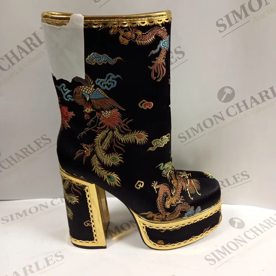 PAIR OF KOI FOOTWEAR THE ORNATE SOUL PLAYBOY BLACK HEELED BOOTS - 6