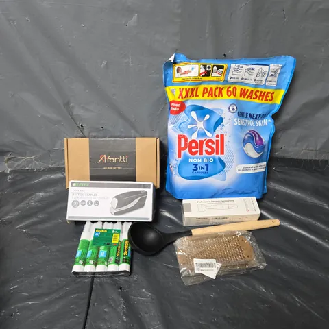 APPROXIMATELY 15 ASSORTED HOUSEHOLD ITEMS TO INCLUDE BATTERY STAPLER, GLUESTICKS, PERSIL NON BIO CAPSULES, ETC