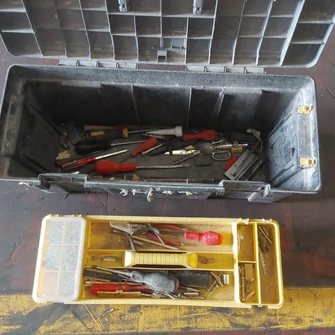 TOOL BOX FULL OF ASSORTED TOOLS AND RELATED ITEMS