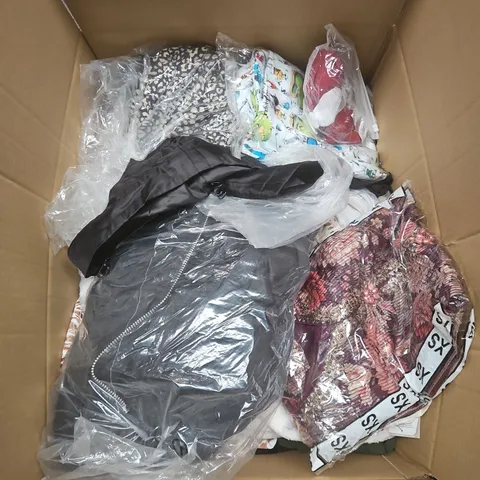 LARGE BOX OF APPROXIMATELY 20 ASSORTED CLOTHING ITEMS IN VARIOUS SIZES, STYLES AND COLOURS
