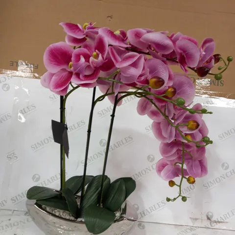 JM BY JULIEN MACDONALD 3 STEM REAL TOUCH FAUX ORCHID IN CERAMIC METALLIC VESSEL