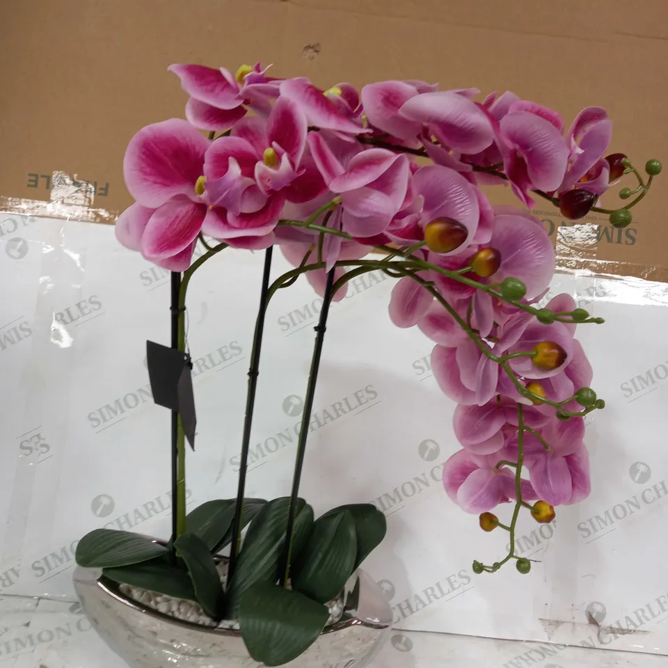 JM BY JULIEN MACDONALD 3 STEM REAL TOUCH FAUX ORCHID IN CERAMIC METALLIC VESSEL
