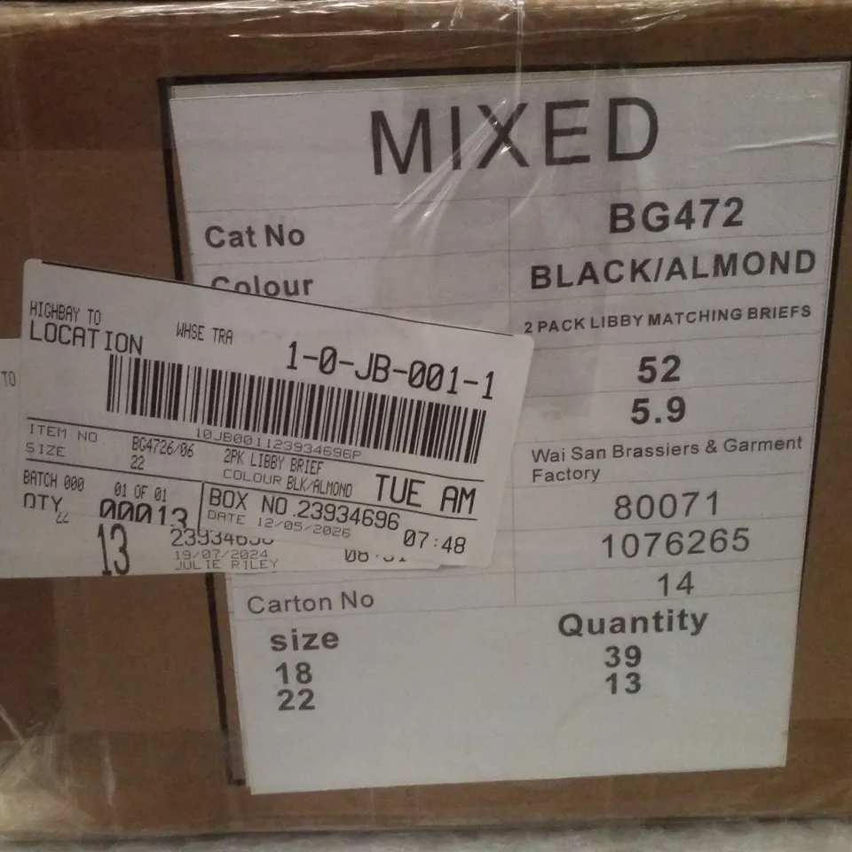 BOX CONTAINING APPROXIMATELY 13 BRAND NEW PACKS OF PRETTY SECRETS BLACK & ALMOND LIBBY BRIEF 2PK - SIZE 22