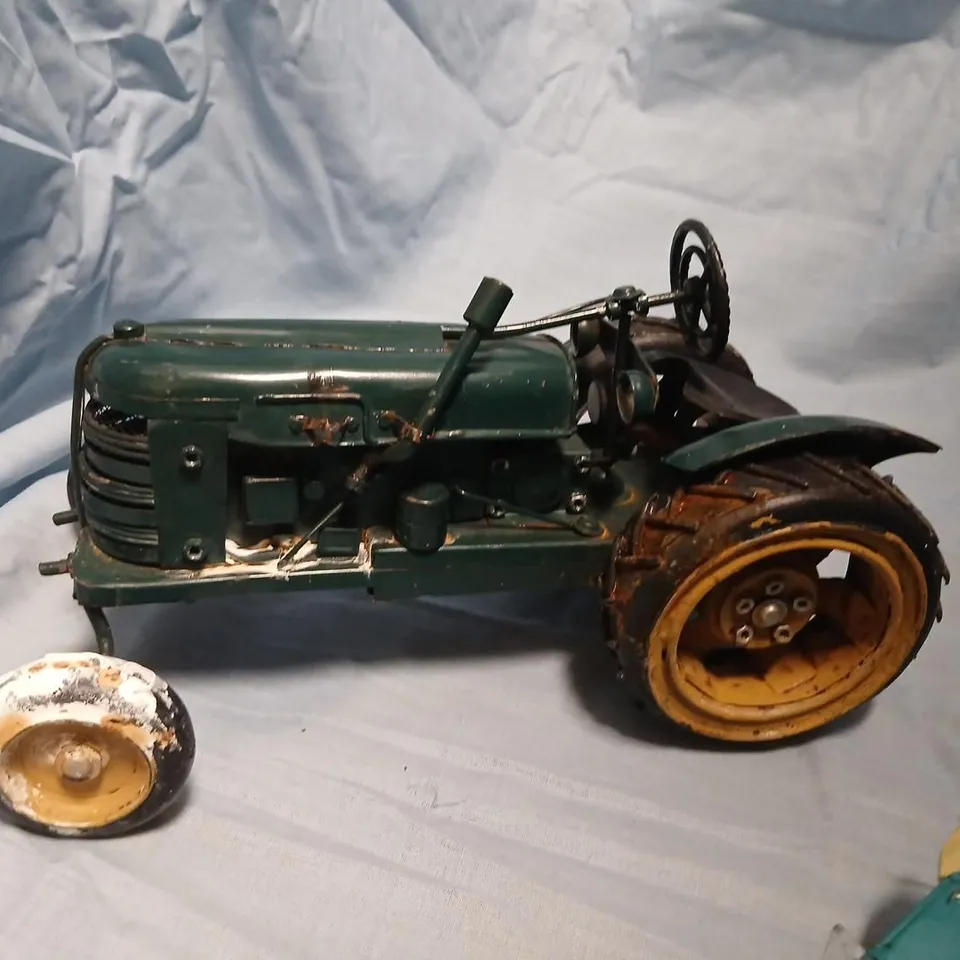 VINTAGE DIE-CAST METAL TOY VEHICLE TRIO: GREEN TRACTOR, ORANGE HOT ROD PICKUP & TEAL CONVERTIBLE