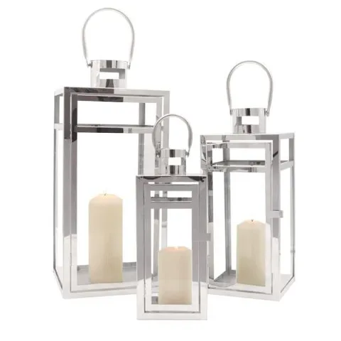 BOXED TRIROCKS SET OF 3 STAINLESS STEEL DECORATIVE LANTERN 48cm & 38cm & 30cm - SILVER