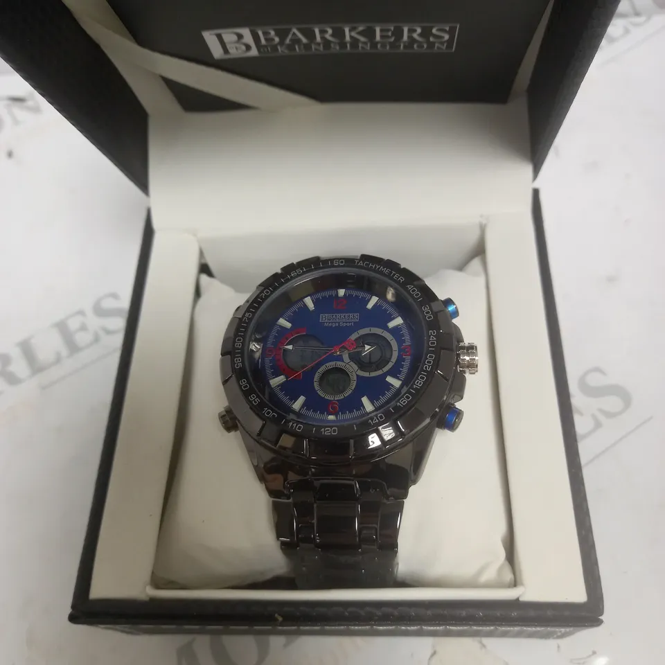 BOXED BARKERS OF KENSINGTON MEGA SPORT WATCH WITH BLUE FACE & BLACK STRAP 