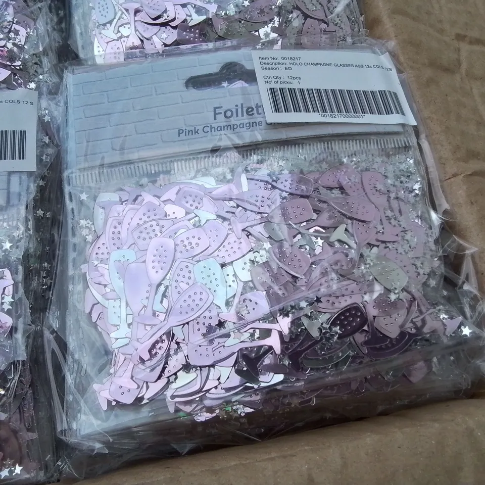 PALLET CONTAINING 92 BOXES OF BRAND NEW HOLO CHAMPAGNE GLASS CONFETTI  - 144 PIECES PER BOX / APPROX TOTAL 13,248