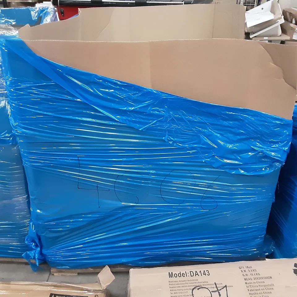 PALLET OF ASSORTED PRODUCTS INCLUDING AMAGABELI PVC COATED WIRE MESH NETTING, SHOWER SCREEN DOOR, HOMIDEC, ANGELSHIELD TOILET SEAT, DONYER POWER ELECTRICAL PATIO HEATER, MOVTOTOP FOLDING TRAMPOLINE