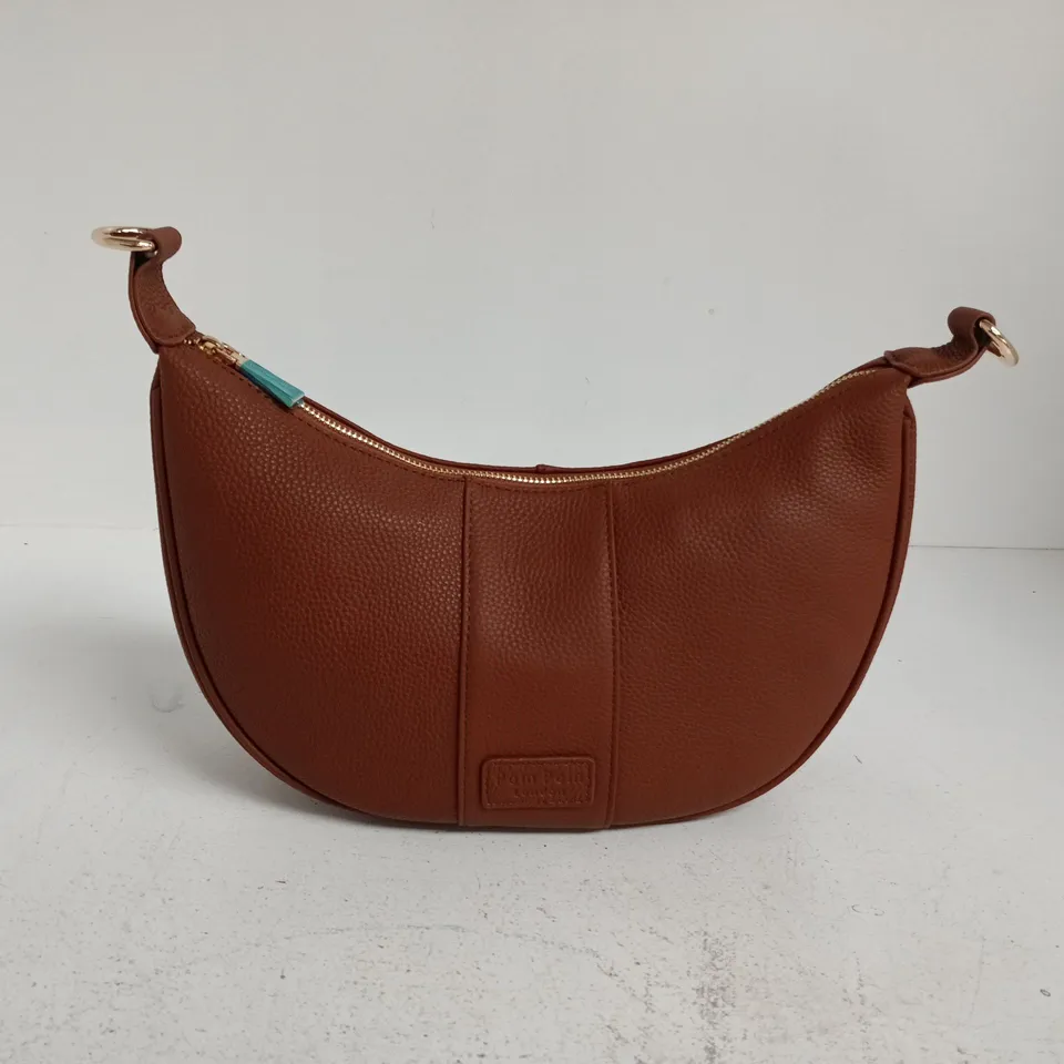 POM POM LONDON BROWN CRESCENT LEATHER HANDBAG WITH DUST BAG