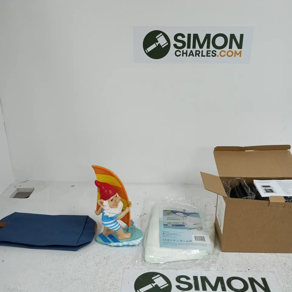 BOX OF APPROXIMATELY 10 ASSORTED ITEMS INCLUDING FLACCHI SOLAR LIGHTS, TENA PROSKIN COMFORT AND A WINDSURFING KNOME
