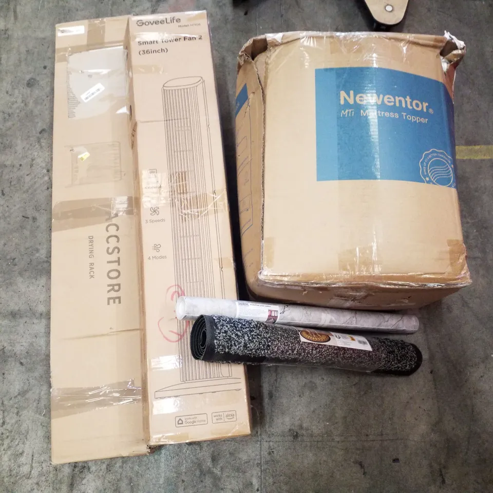 PALLET OF ASSORTED PRODUCTS INCLUDING SMART TOWER FAN, ACCSTORE DRYING RACK, MATTRESS TOPPER, DOOR MAT, VINYL PAPER