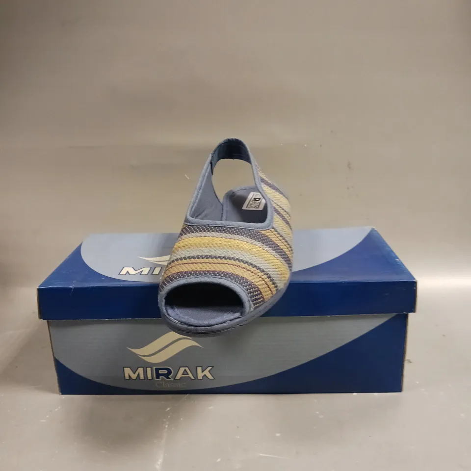 BOXED PAIR OF MIRAK CLASSIC CARLA OPEN TOE SHOES IN BLUE - SIZE 7