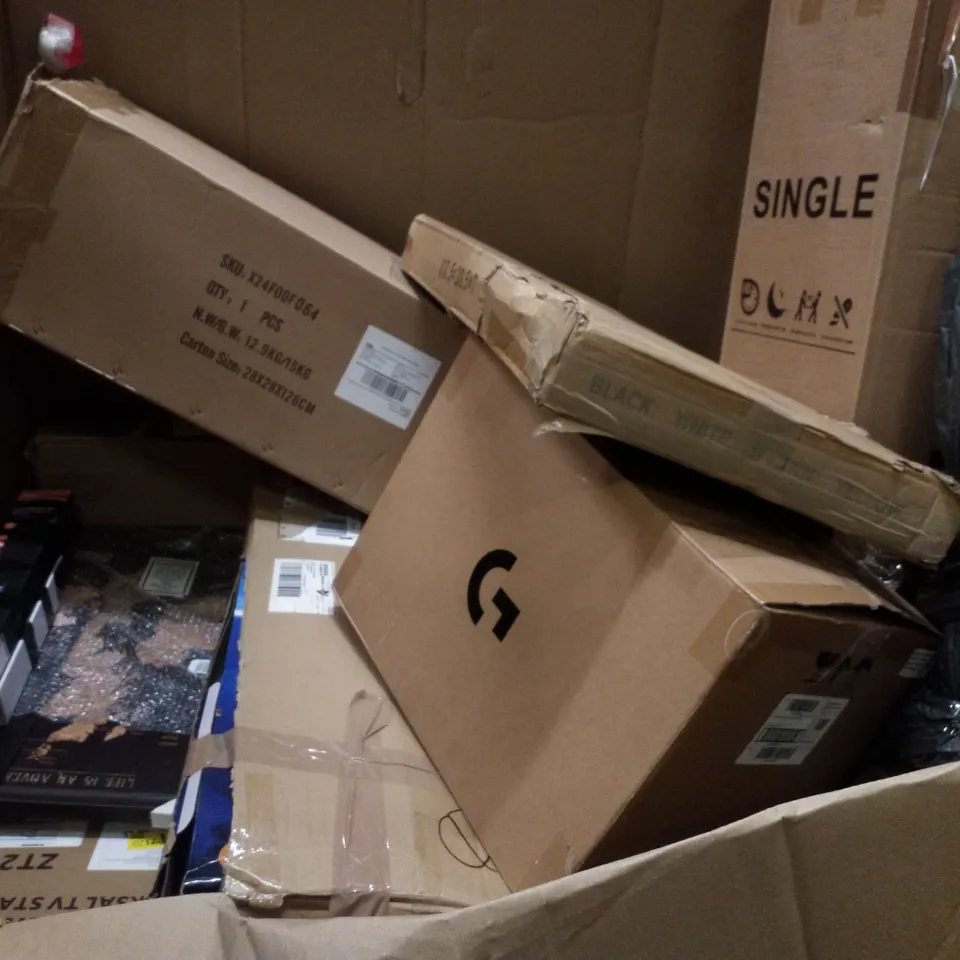 PALLET CONTAINING ASSORTED PRODUCTS INCLUDING PIANO BENCH, AUTO TUMBLER, PLAYPEN & LED CEILING FAN