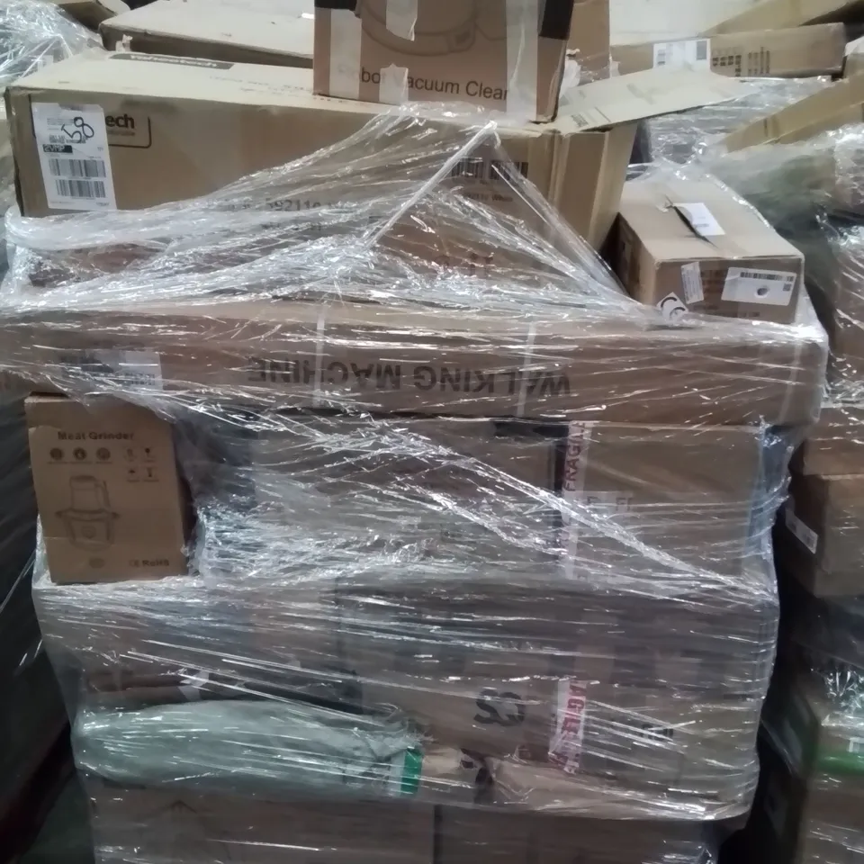 PALLET CONTAINING VARIOUS ASSORTED BOXED ITEMS TO INCLUDE, PORTABLE FRIDGE, MEAT GRINDER, ROBOT VACUUM CLEANER AND LOTS MORE UNMARKED BOXED ITEMS 