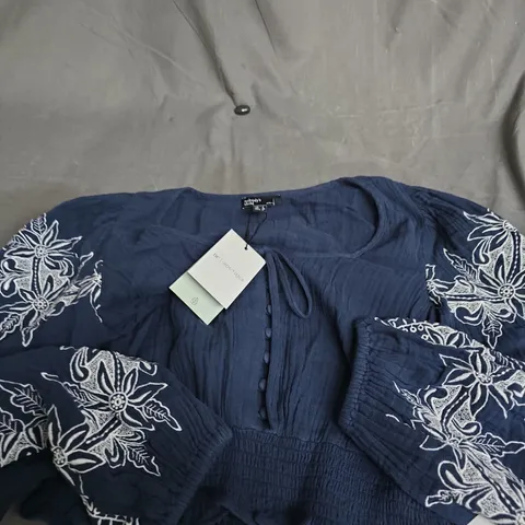 NOBODY'S CHILD KATHY BLOUSE – EMBROIDERED NAVY BLUE, UK 8