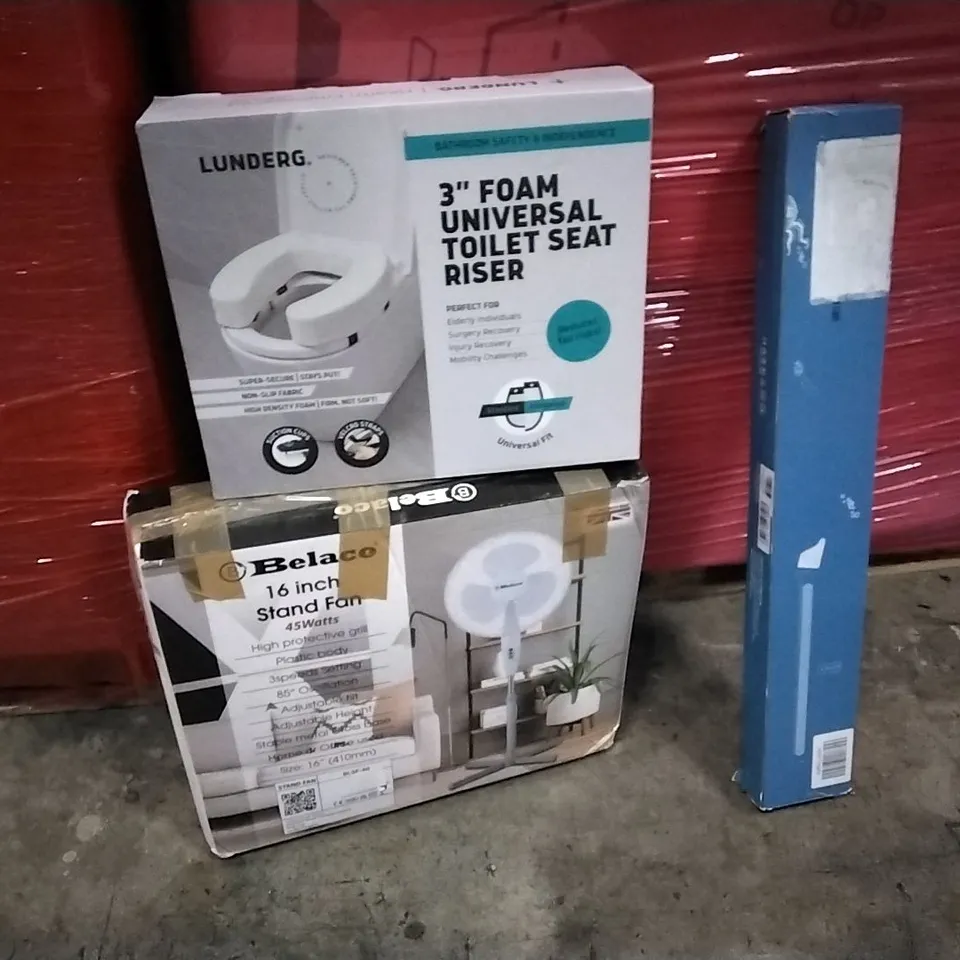 PALLET OF ASSORTED PRODUCTS AND HOUSEHOLD GOODS TO INCLUDE;16 INCH STANDING FAN,FOAM TOILET SEAT,LED LIGHT