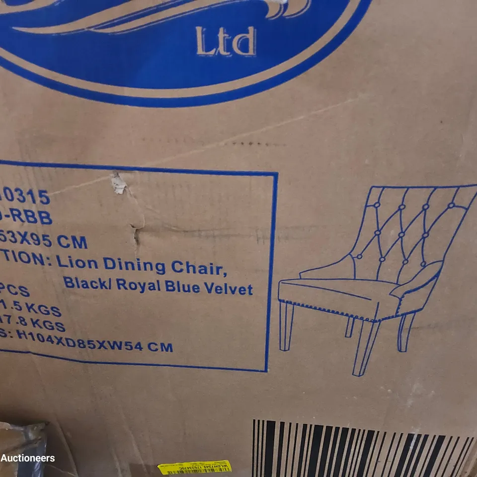 BOXED PAIR LION DINING CHAIRS BLACK/ROYAL BLUE VELVET (SET OF 2 IN 1 BOX)