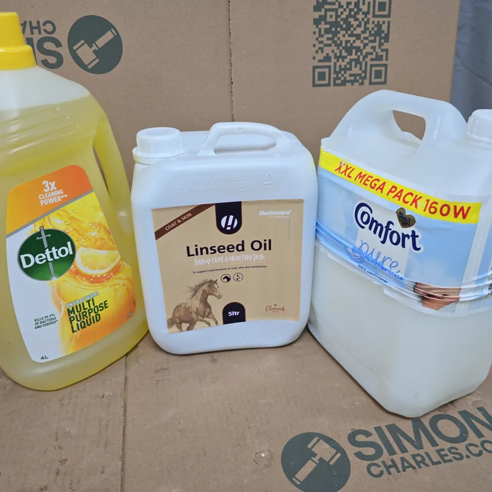 APPROXIMATELY 3 ASSORTED HOUSEHOLD LIQUID PRODUCTS TO INCLUDE PURE COMFORT, LINSEED OIL, DETTOL MULTI PURPOSE LIQUID