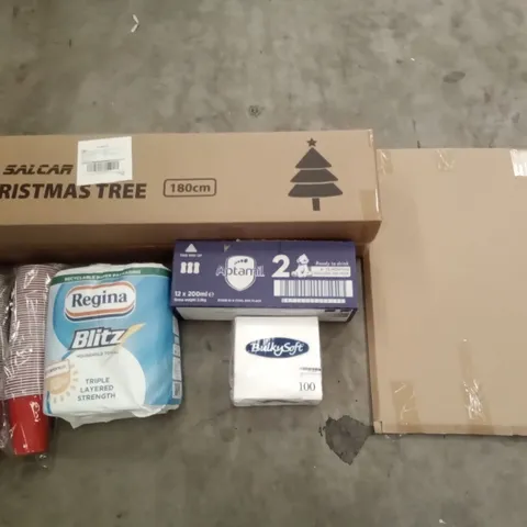 PALLET OF ASSORTED ITEMS INCLUDING SALCAR CHRISTMAS TREE, APTAMIL, BULKYSOFT NAPKINS, HONEYBABY WALL ART, RED DISPOSABLE CUPS