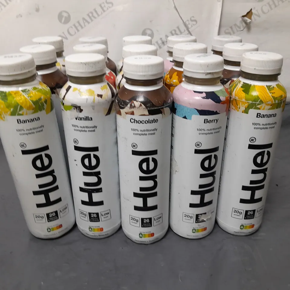 LOT OF 15 ASSORTED 500ML BOTTLES OF HUEL - VARIOUS FLAVOURS
