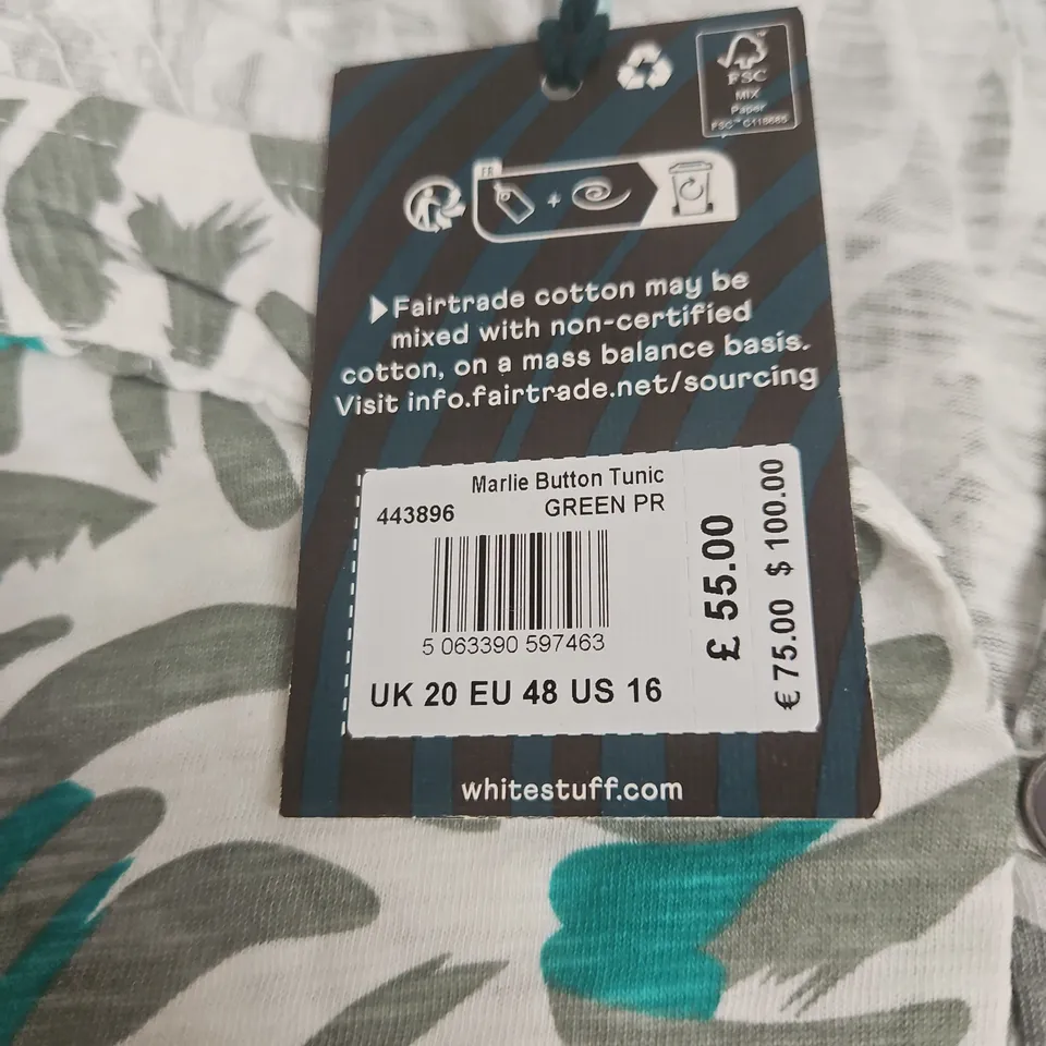 WHITE STUFF MARLE BUTTON TUNIC DRESS, GREEN PRINT, UK 20 (EU 48, US 16)