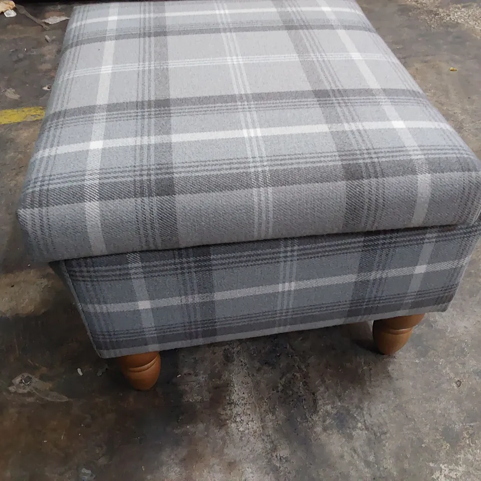 DESIGNER STORAGE FOOTSTOOL GREY CHECKED FABRIC 