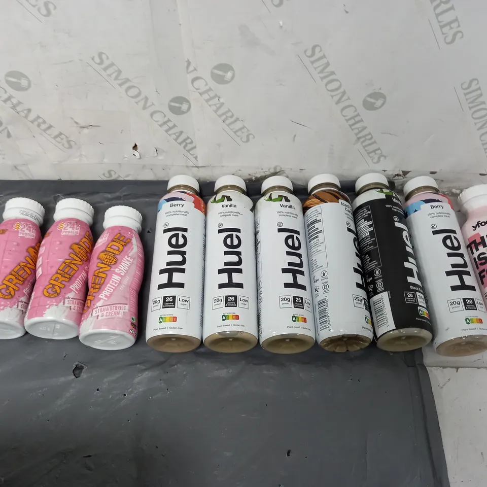 APPROXIMATELY 6 ASSORTED FOOD ITEMS TO INCLUDE - GRENADE PROTEIN SHAKE, HUEL, AND YFOOD 