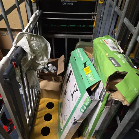 APPROXIMATELY 10 ASSORTED HOUSEHOLD PRODUCTS TO INCLUDE BABY GATES, CLEANING SOLUTION, TV WALL MOUNTS ETC
