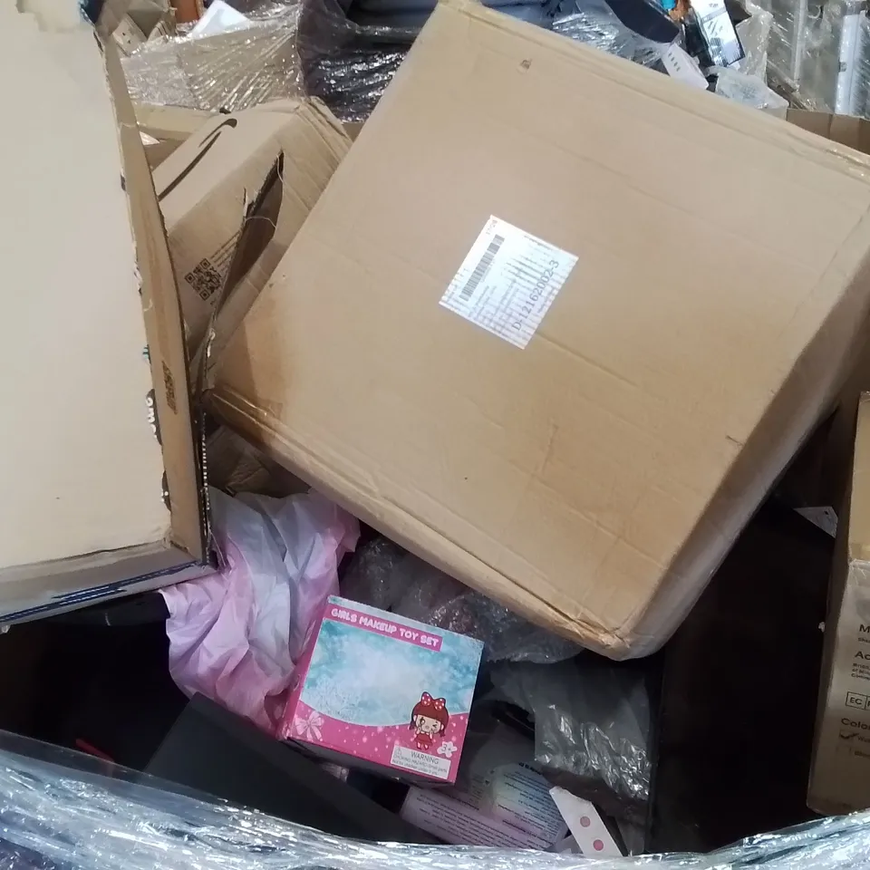 PALLET CONTAINING VARIOUS ASSORTED ITEMS TO INCLUDE, PC MONITOR SCREENS, KIDS MAKE-UP SETS, RECORD TURNTABLE AND LOTS MORE UNMARKED BOXED ITEMS 
