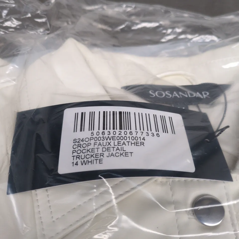 SOSANDER CROP FAUX LEATHER TRUCKER JACKET WHITE SIZE 14 BAGGED