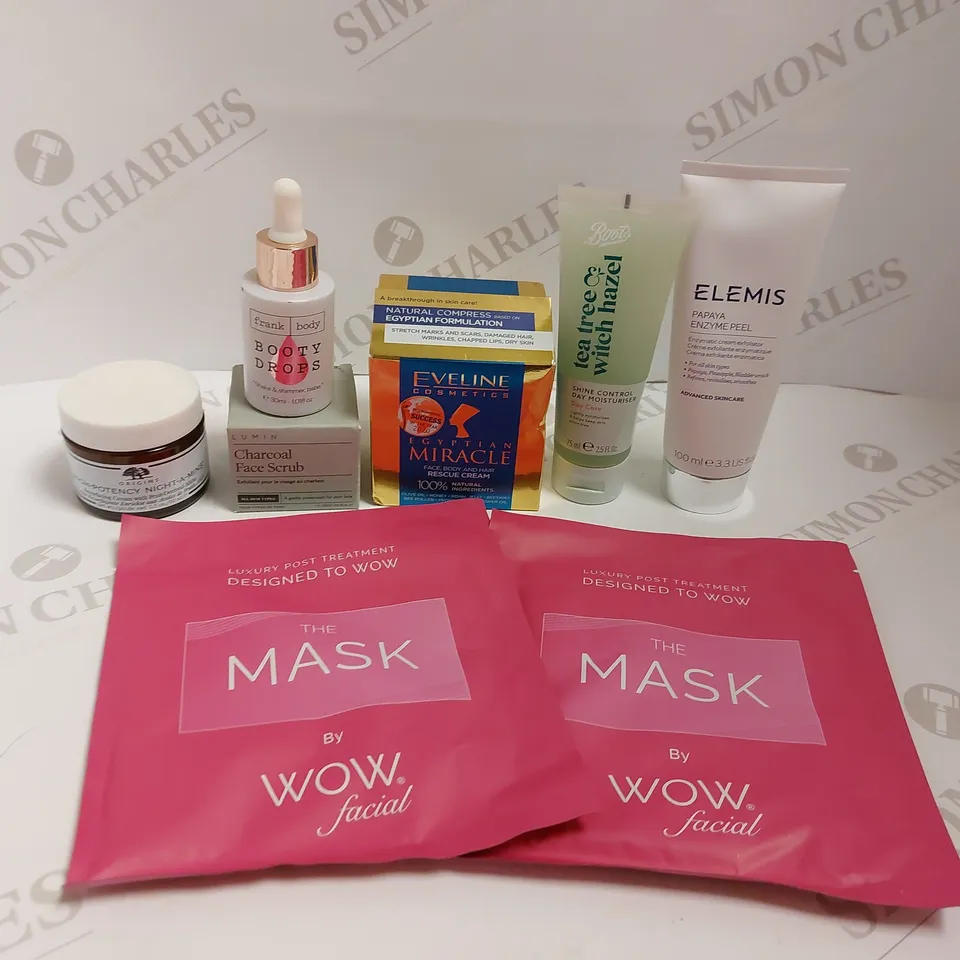 BOX OF APPROX 20 COSMETIC ITEMS TO INCLUDE ELEMIS ENZYME PEEL, FRANK BODY BOOTY DROPS, LUMIN CHARCOAL FACE SCRUB